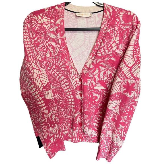 Tory Burch Abstract Print V Neck Button Down Cardigan White And Pink Size Medium - Picture 1 of 12